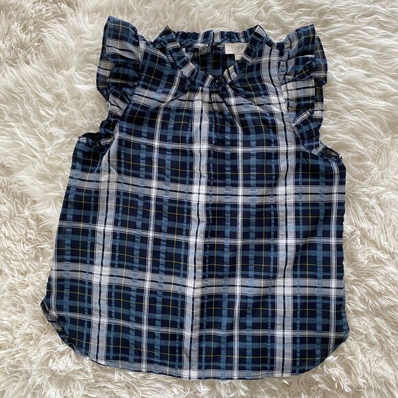 LOFT Tops - LOFT Blue Plaid Ruffle Sleeve Shell, size M